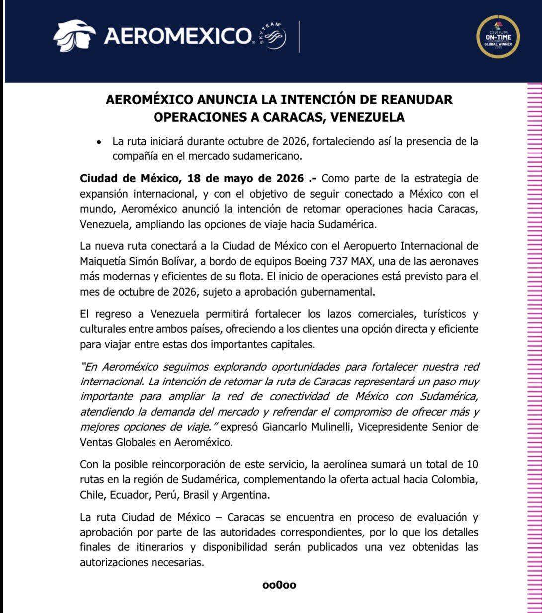 $!Aeroméxico planea reconectar rutas con Venezuela