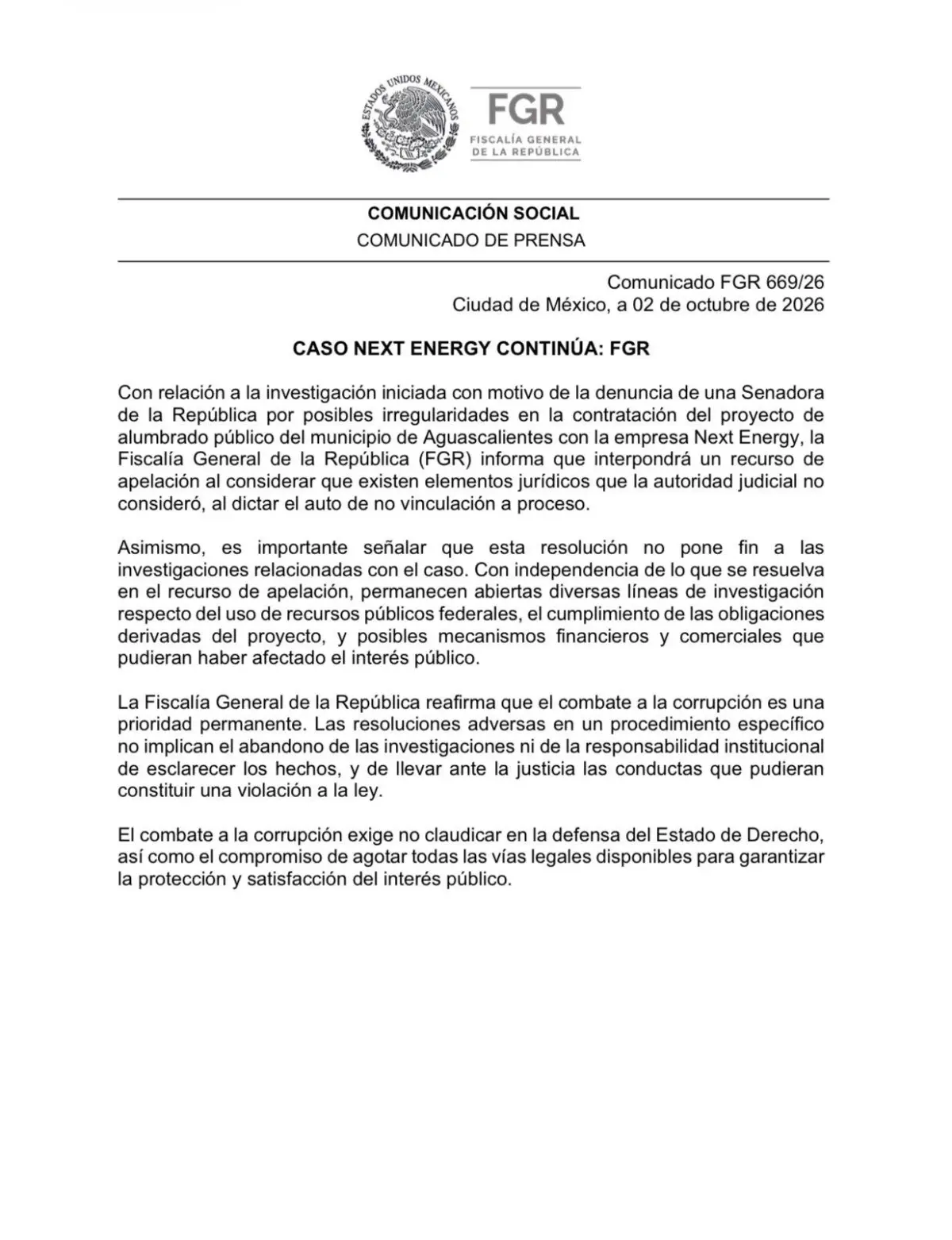 $!FGR apelará no vinculación de exfuncionarios por caso Next Energy en Aguascalientes